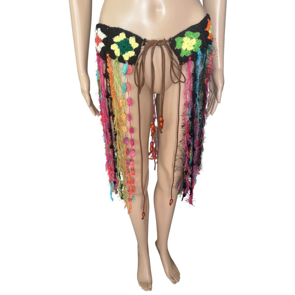 Upcycled Crochet Granny Square Floral Festival Set Fringe Ibiza Boho S/M Multi - Picture 6 of 10